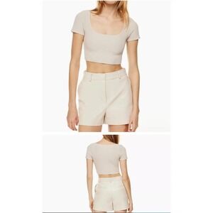 Babaton Ribbed Knit Crop Top Square Neck Short Sleeve Casual Beige Size XXS 2XS